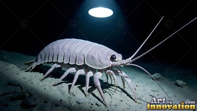 Under a spotlight on the sandy ocean floor, a pale giant isopod crawls forward