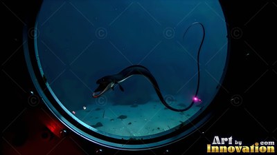 Swimming past a porthole, a dark gulper eel curves its long tail above the sea floor