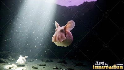 Pale pink dumbo octopus swimming down in a beam of light