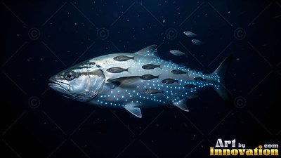 Small blue spots cover a silver fish swimming with smaller fish in deep water