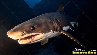 A great white shark swims forward with open jaws, illuminated with bright white light in pitch black water