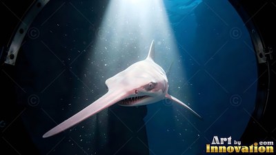 Angled forward in dark water, a pink goblin shark swims under a beam of light