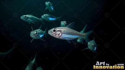Small silver fish with shiny blue dots swim through dark the black water