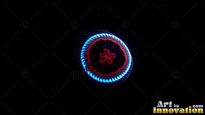 Floating in the black water, a round jellyfish shines with blue rim light and a red core