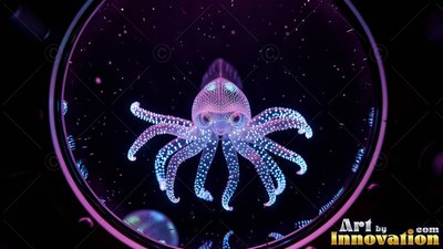 A small squid with spotted tentacles swims in dim water