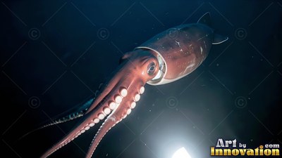 A giant eye looks forward as a reddish squid glides through the dark ocean water under a spotlight