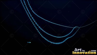 Beaded jellyfish tentacles drift through dark water with bright blue highlights