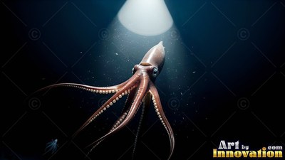 Seen from behind, a brown squid swims upward through deep water into a white spotlight