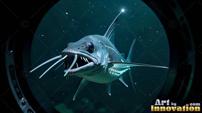A blue fish with sharp teeth swims past a round dark porthole window