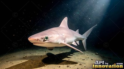 Swimming over dark sea sand, a pale shark casts a shadow in a bright beam of light