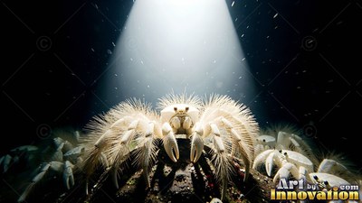 Furry pale legs spread out on a dark rock, a yeti crab rests under a cone of white light