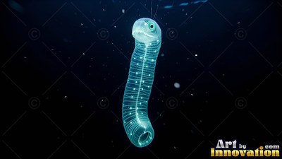 A clear deep-sea worm drifts through pitch black water, shining with pale green light spots