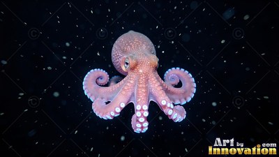 In dark open water, a small pink octopus spreads its curled tentacles