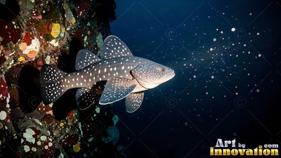 White spots cover a dark fish swimming past a rocky reef into deep blue water