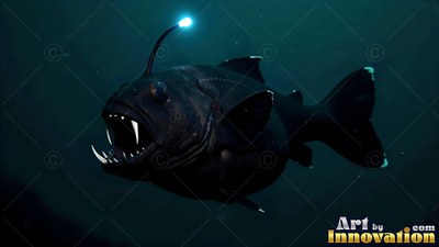 An anglerfish swims forward with open jaws beneath a bright blue lure