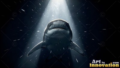 Facing forward in dark deep water, a gray shark sits under a white spotlight beam
