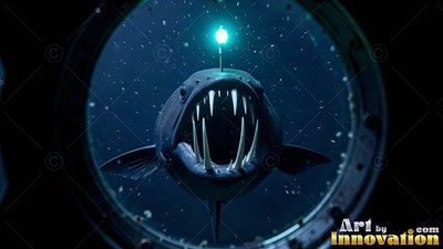 A sharp-toothed anglerfish with a bright green light stares outside a round window