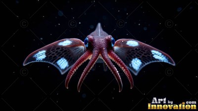 In black water, a red squid spreads winged arms with pale spots