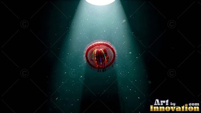 Drifting in a cone of spotlight, a round red jellyfish floats in deep water