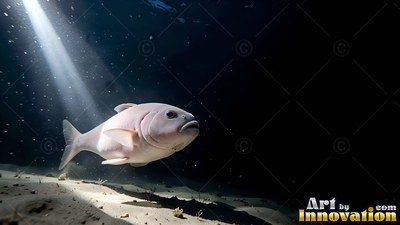 Pale smooth skin on a swimming fish lit by a beam of sunlight over a dark sea floor