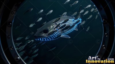 A large fish swims past a submarine window with small blue dots shining along its body