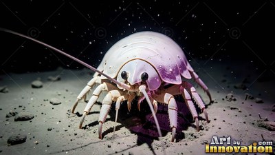 Crawling forward on the ocean floor, a pale giant isopod in bright light