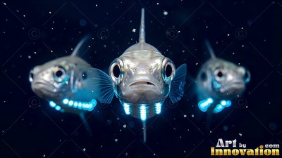 Three small silver fish with bright blue bellies swim forward in dim water