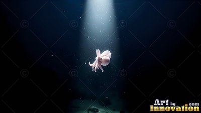 In a beam of light through shadowy water, a small white squid drifts down