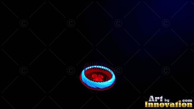 Floating in dim water, a small jellyfish shines with a ring of blue and red light