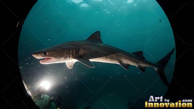 A shark swims through dark teal water above a bright round light