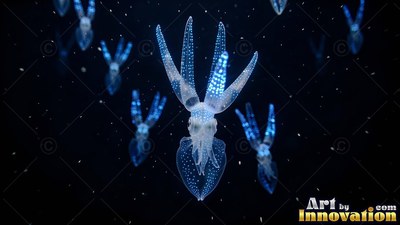 Speckled blue tentacles lift upward from a glass squid floating in deep ocean water