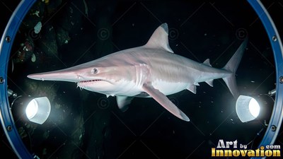 A pale goblin shark swims through deep water, lit by two bright floodlights