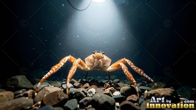 Facing forward on a rocky seabed, an orange crab stands under a bright light