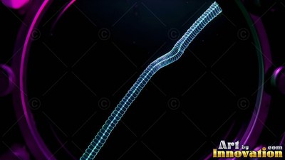 A pale blue segmented worm floats diagonally across shadowy water inside a purple frame