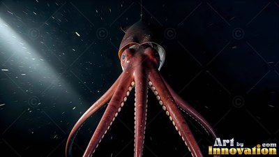 Spreading its arms downward, a reddish squid swims in shadowy ocean water illuminated by a beam of light