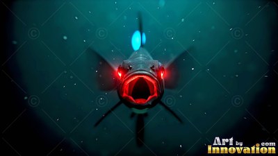 A fish swims forward with bright red eyes and an open mouth