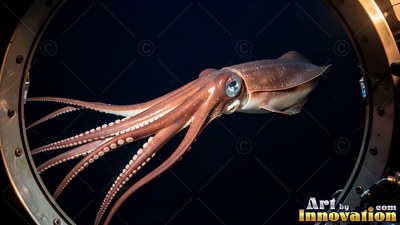 Long reddish tentacles trail behind a squid seen through a round submarine window