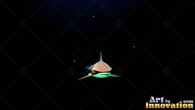 A small shark swims forward in the black water with pale green light under its belly