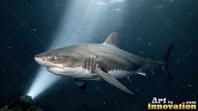Angled downward, a gray shark swims through shadowy water lit by a beam of white light