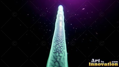 A pale green sea creature points upward through the dark water under purple light