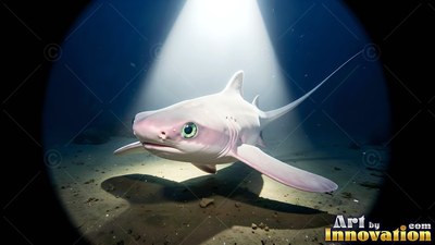 Under a bright beam of light, a pale pink shark swims over the seabed