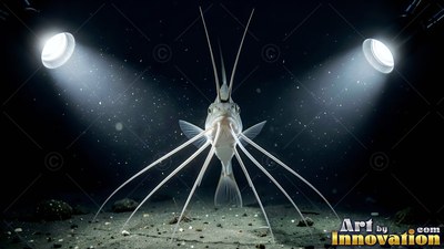 Standing on long thin fins, a tripod fish rests on the dark seabed in spotlights