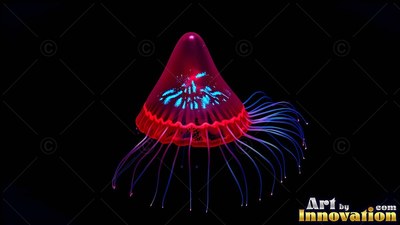A red bell jellyfish floating in dark water