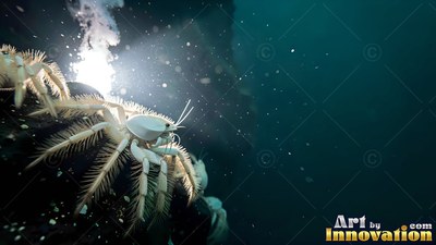Hairy pale legs carry a white crab across dark rocks near a bright underwater vent