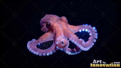 A small pink octopus swims forward, its spread arms lined with bright blue suckers
