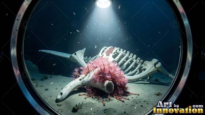 Lying flat on the ocean floor, a whale skeleton covered in pink anemones