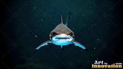 A gray shark swims straight forward through dark blue water