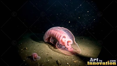Crawling across the dark ocean floor, a translucent pink sea cucumber casts a shadow