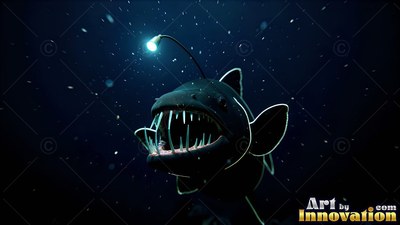 Anglerfish with sharp teeth swimming in dark water