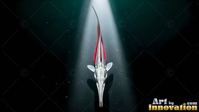 Bright red dorsal fins on a long silver fish swimming down through a beam of light in dark water